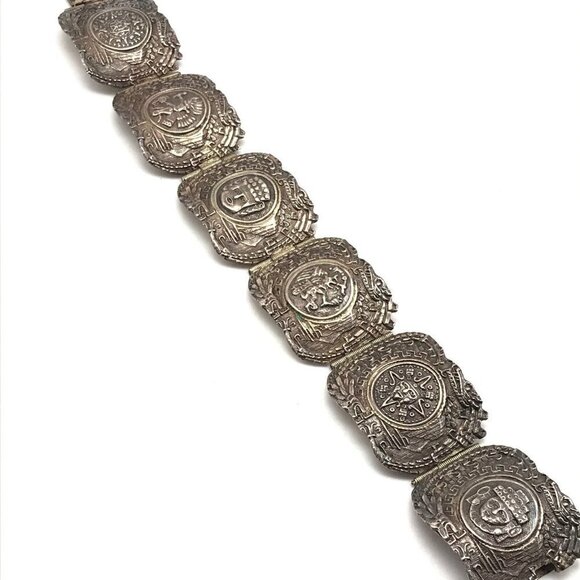 Vintage EME MEXICO 925 Sterling Silver Mayan Face Panel Link Bracelet 7" - Picture 7 of 12